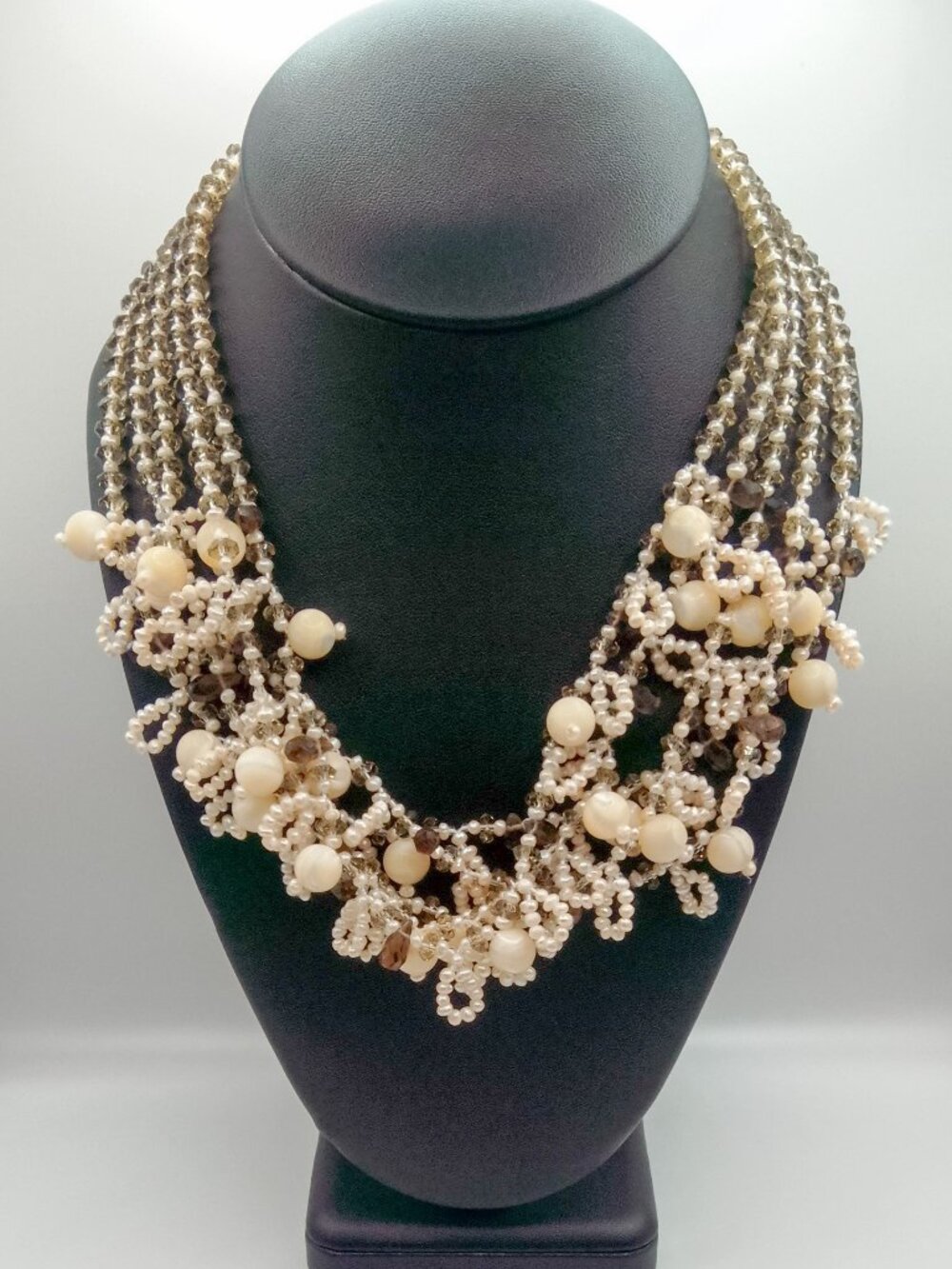 Vintage 5 Strand Beaded Necklace Seed Pearl Mother of Pearl Crystal Smoky Quartz